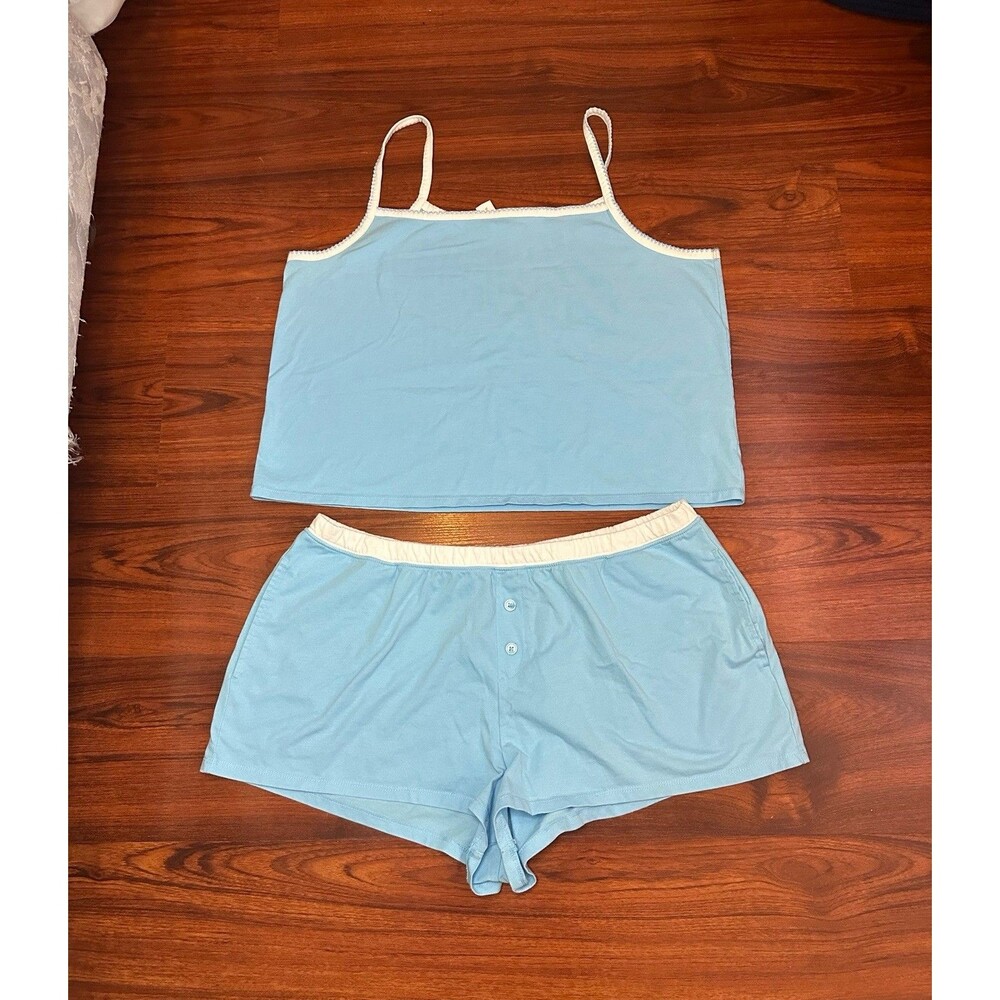Joyspun Pajama Set Tank Cami & Shorts Blue/White Cotton Blend 2pc Y2K Women XL